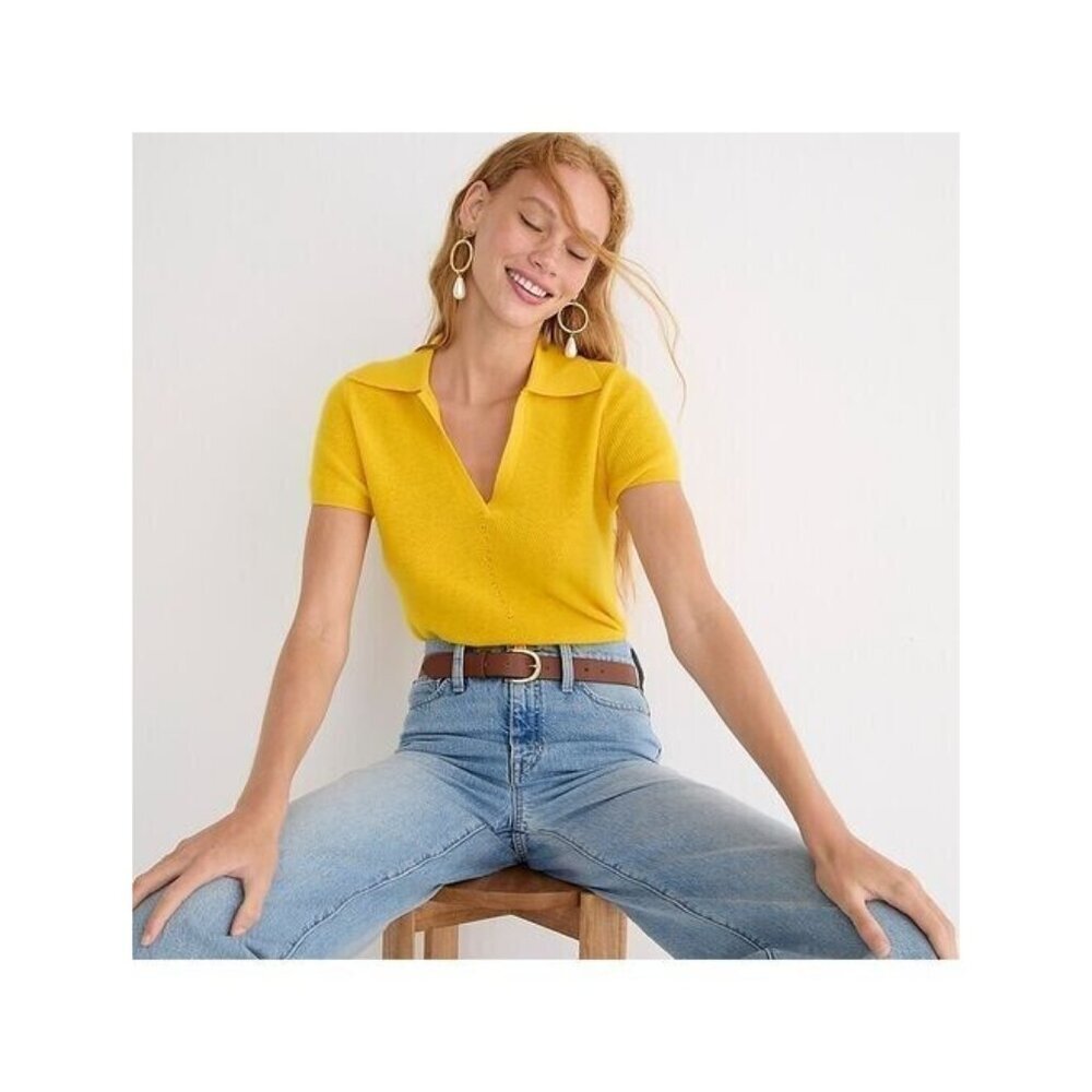 NWT J.Crew Featherweight Cashmere Collared Short-sleeve Sweater in Warm Maize L - Picture 2 of 6